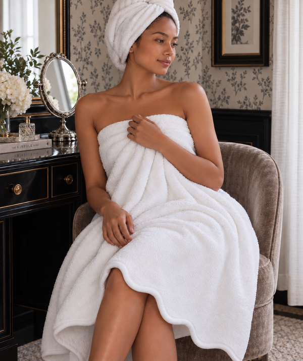 Scallop Piping Bath Sheet – Oversized Bathroom Towel - White Piping