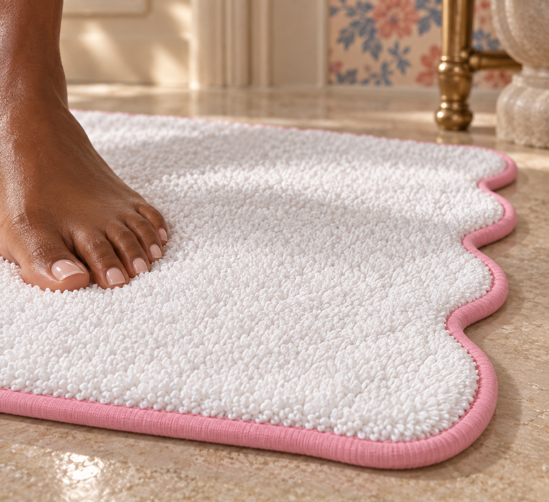 Bare foot on a white scalloped bath mat with pink piping