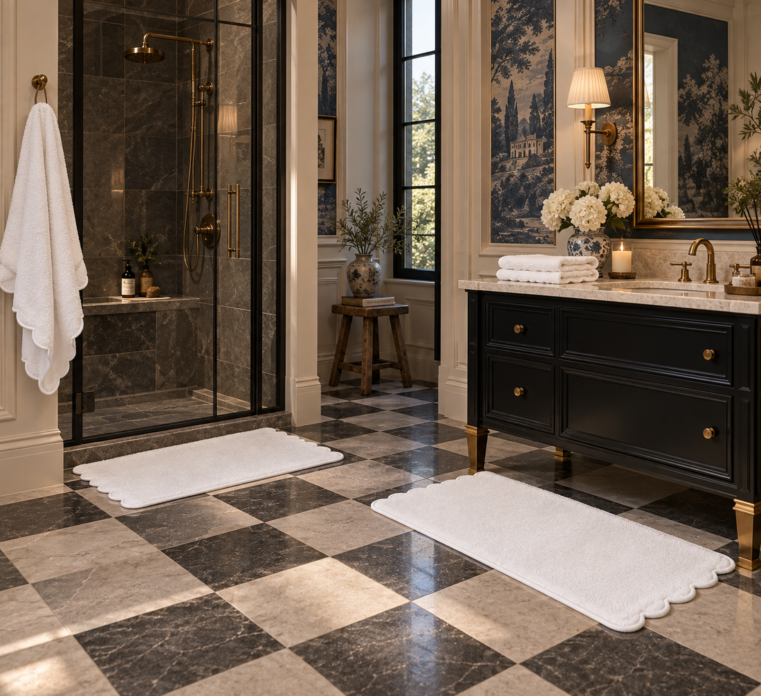 White towels and two scalloped bath mats with white piping in a bathroom