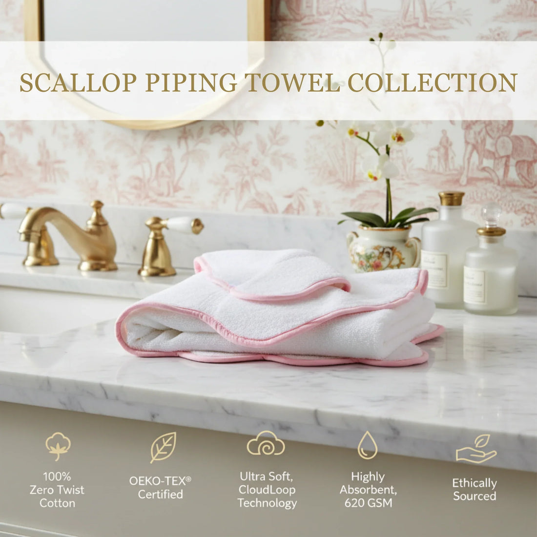 Luxury lovers' oversized bath sheet in white with pink scallop piping for cloud-soft pampering - Lotus Linen