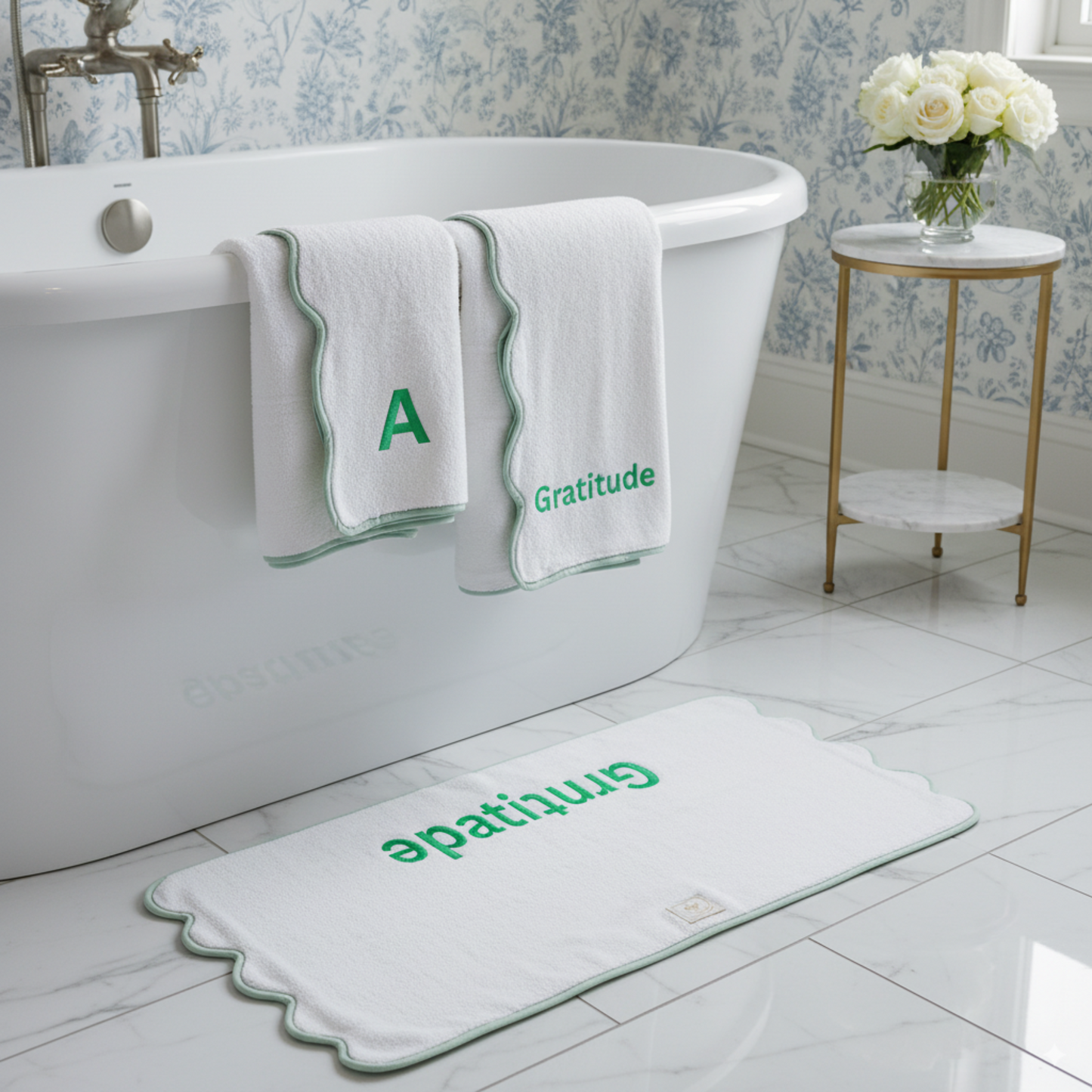 Elegant white scallop-piped hand towels with green monogram and Gratitude embroidery for a serene spa-inspired bath - Lotus Linen