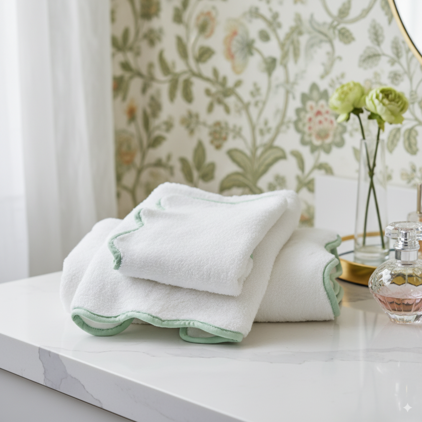 Elegant white cotton hand towels with sage scallop piping for spa-quality comfort on a marble vanity - Lotus Linen