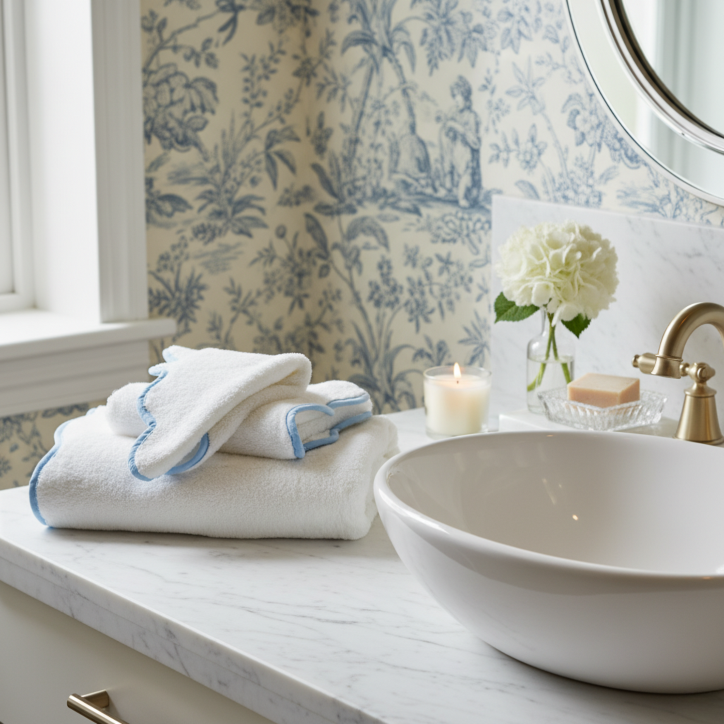 Spa-lover's white cotton hand towels with delicate blue scallop piping for everyday indulgence - Lotus Linen