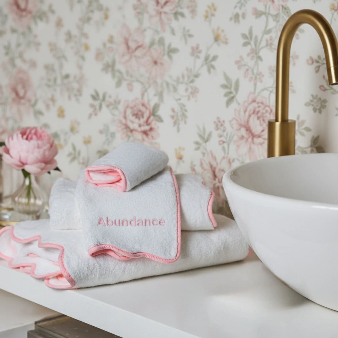 Elegant white cotton hand towels with pink scallop piping for spa-quality comfort in your bathroom - Lotus Linen