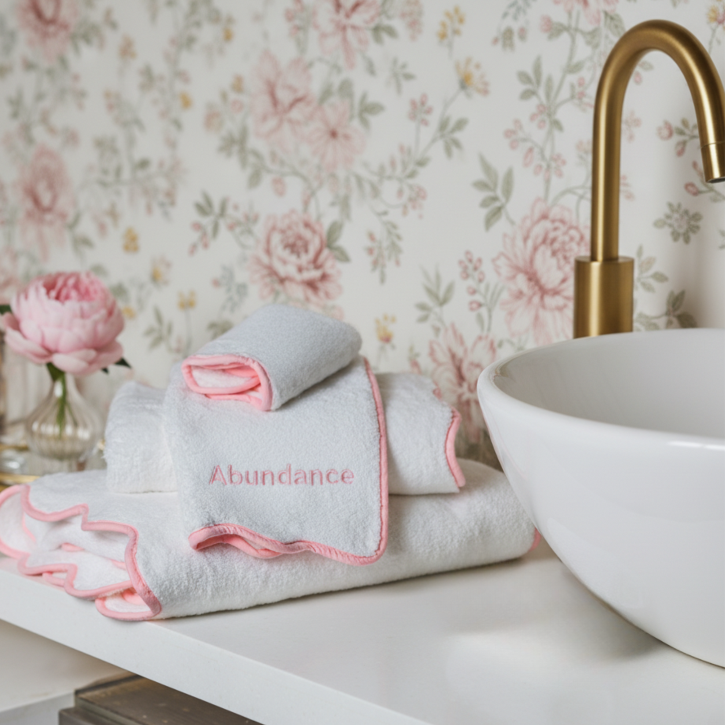 White scallop-edge bath towel set with pink piping for those who love elegant self-care and spa-quality comfort - Lotus Linen