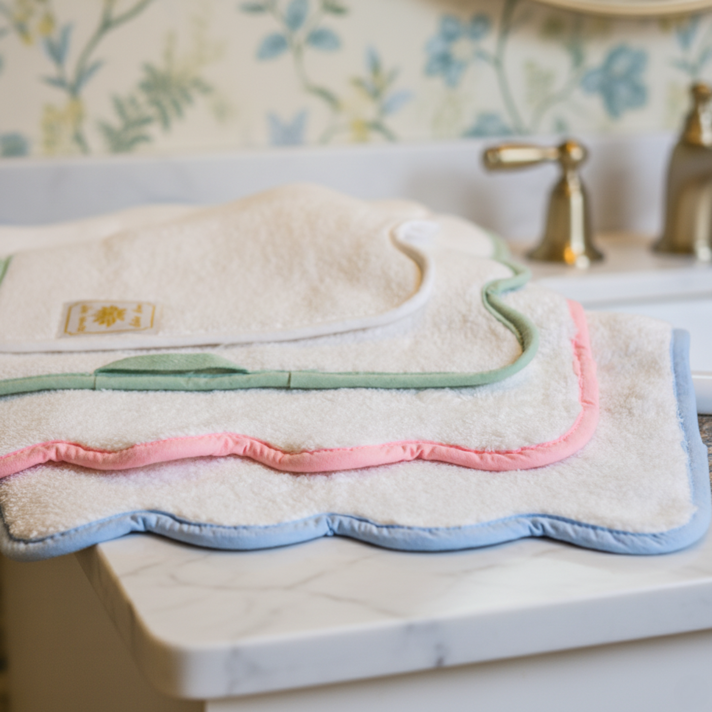 Pamper yourself with plush cotton hand towels in soft scallop-edged green, pink, and blue for everyday indulgence - Lotus Linen