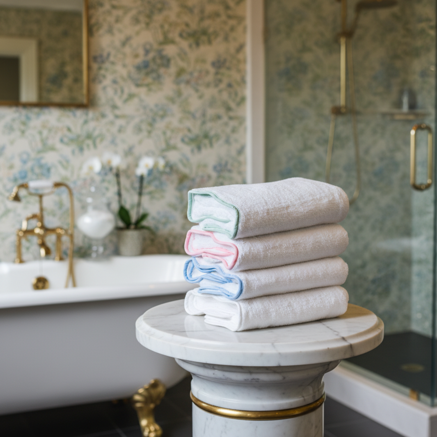 Stack of oversized scallop piping bath sheets in white with blue pink and green trim for spa-quality comfort - Lotus Linen