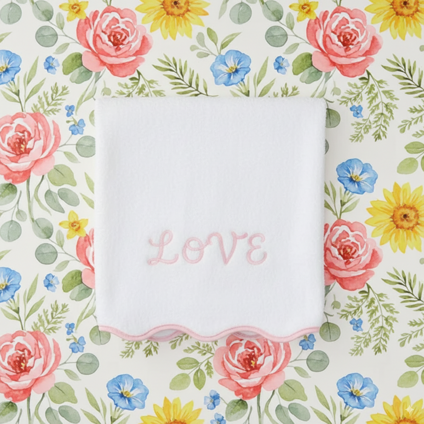 White oversized bath sheet with pink LOVE embroidery and scallop piping for couples seeking spa-quality comfort - Lotus Linen