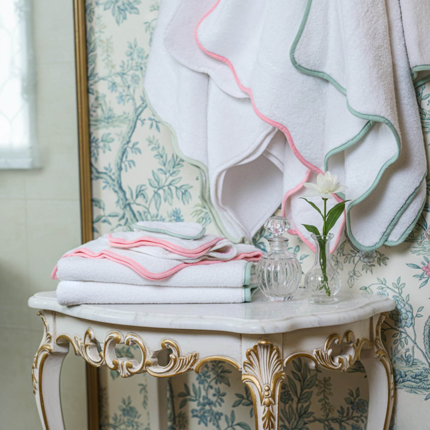 Luxury lovers' oversized scallop-edge bath sheet in white with pink and sage trim for spa-quality comfort - Lotus Linen