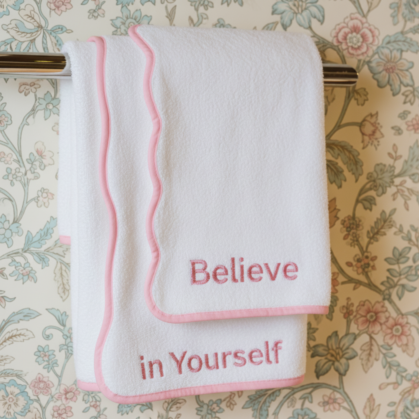 White scallop-edge bath towels with pink piping and Believe in Yourself embroidery for daily self-care indulgence - Lotus Linen