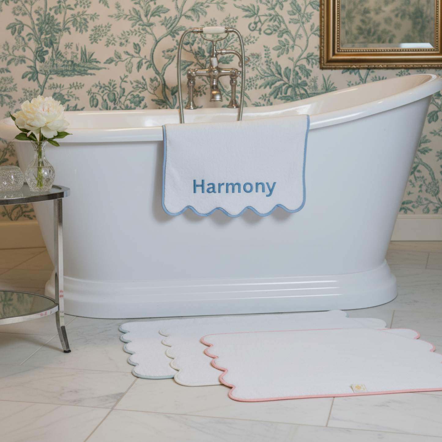 Personalized luxury cotton hand towel with blue scallop piping draped over freestanding tub for spa-worthy softness - Lotus Linen