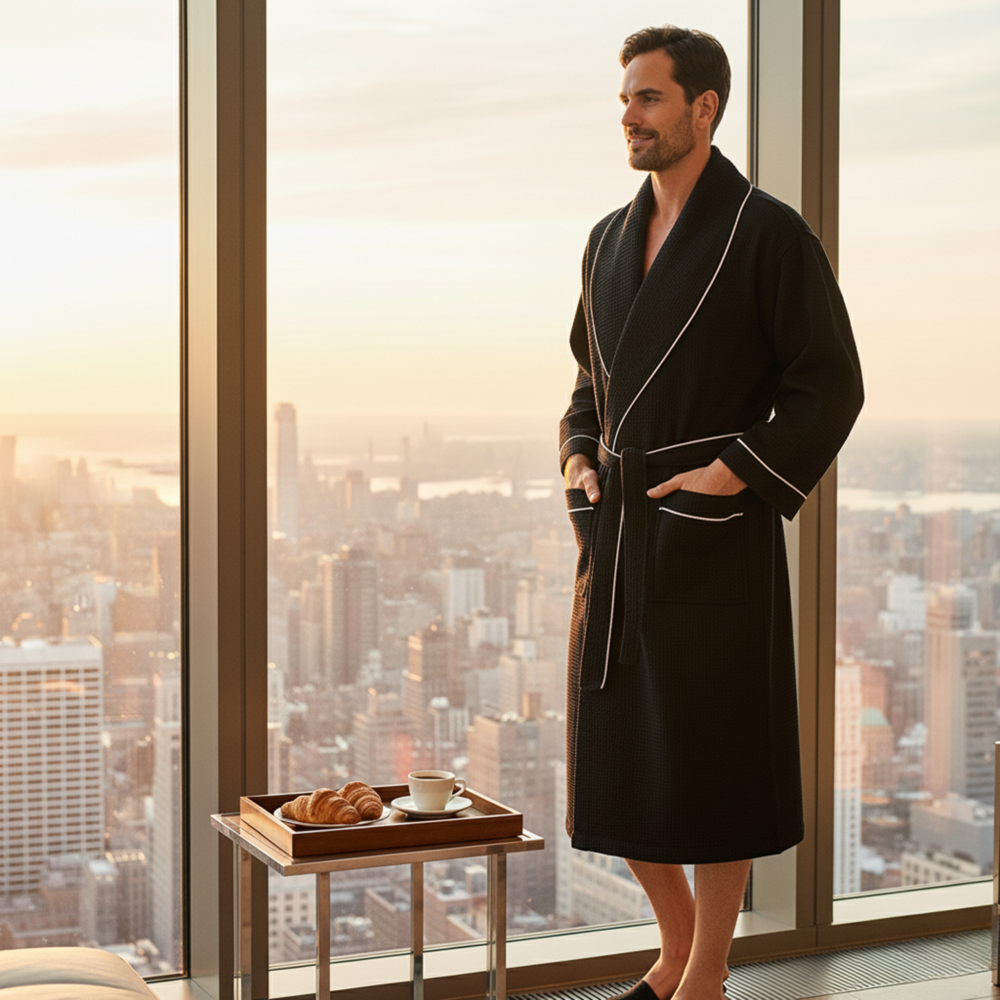 Man in black waffle piping robe with white trim enjoying luxurious morning comfort by city skyline - Lotus Linen