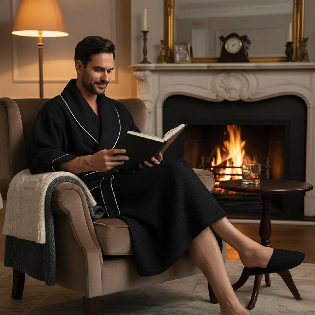 Man in black waffle piping robe reading by fireplace enjoying spa-quality comfort at home - Lotus Linen
