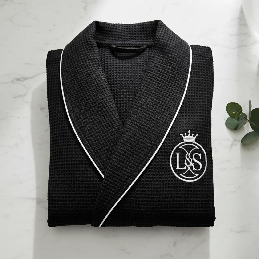 Men's waffle bathrobe in black with white piping for luxurious spa-quality comfort at home - Lotus Linen