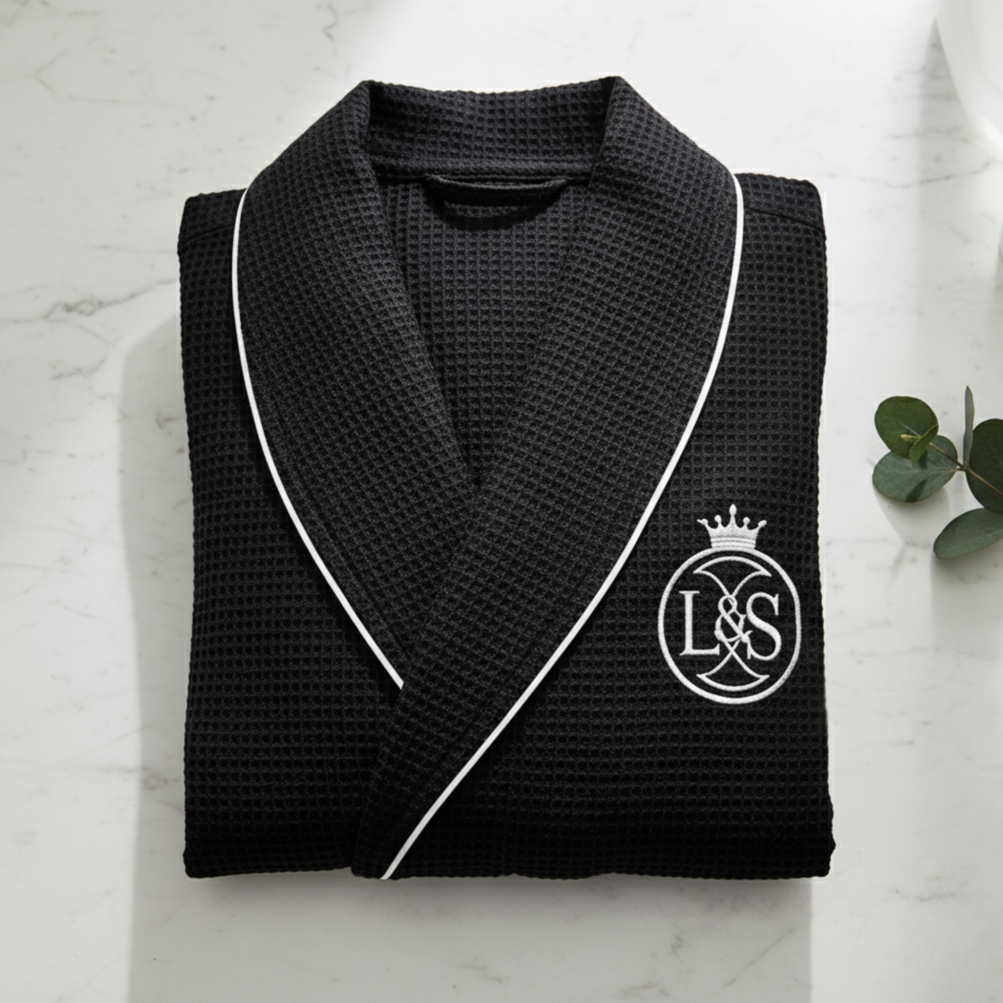 Men's waffle bathrobe in black with white piping for luxurious spa-quality comfort at home - Lotus Linen