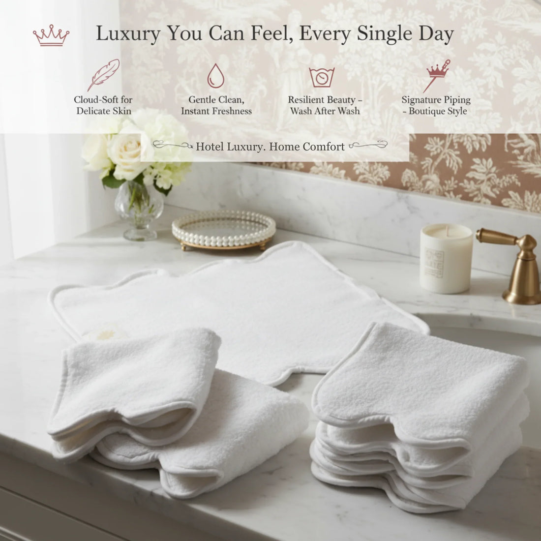 Spa-lovers' scallop-piped cotton hand towels in crisp white for cloud-soft everyday indulgence - Lotus Linen