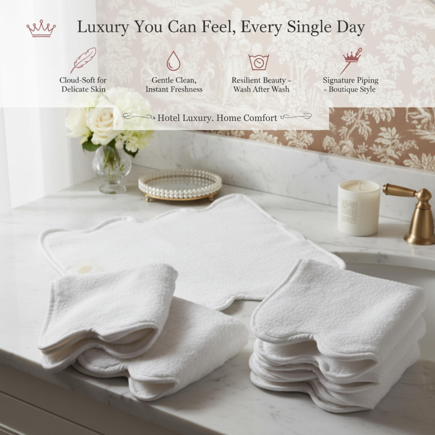 Spa-lovers' scallop-piped cotton hand towels in crisp white for cloud-soft everyday indulgence - Lotus Linen