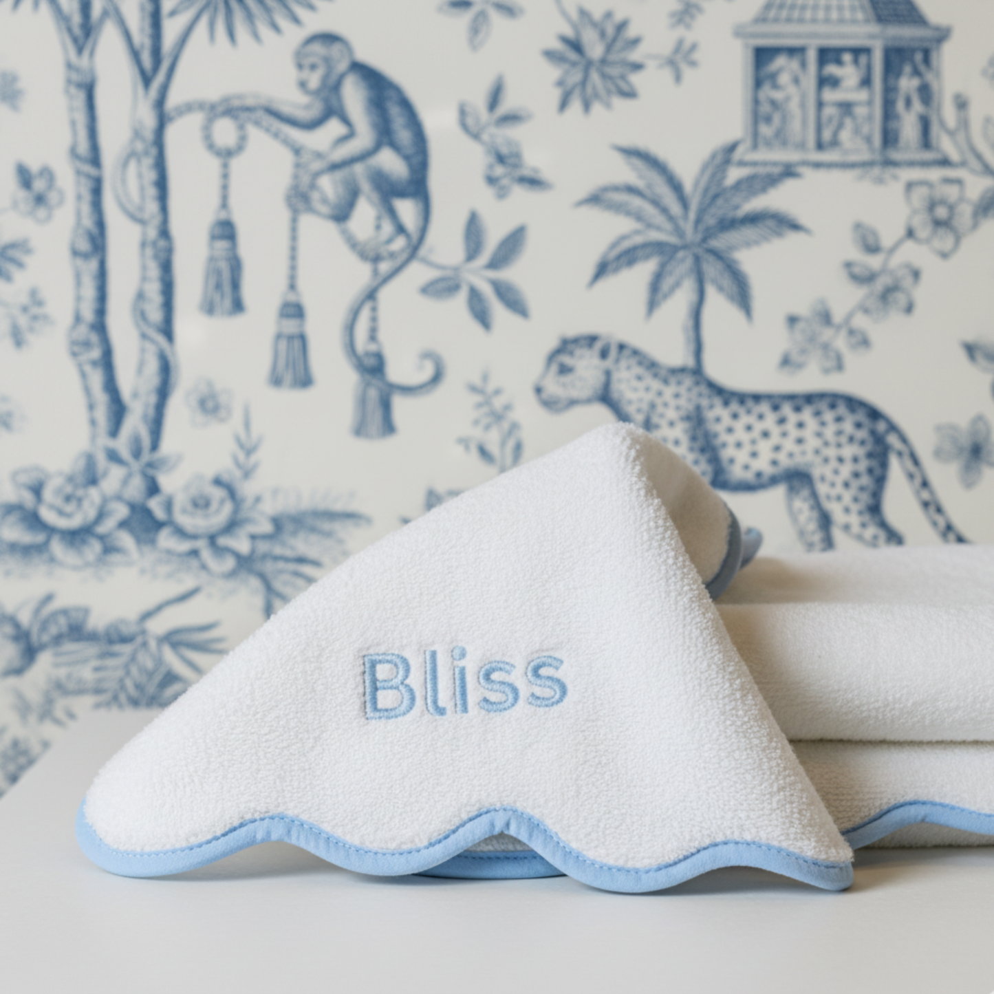 Personalized luxury scallop-edge bath towel set in white with soft blue piping for indulgent spa-quality comfort - Lotus Linen
