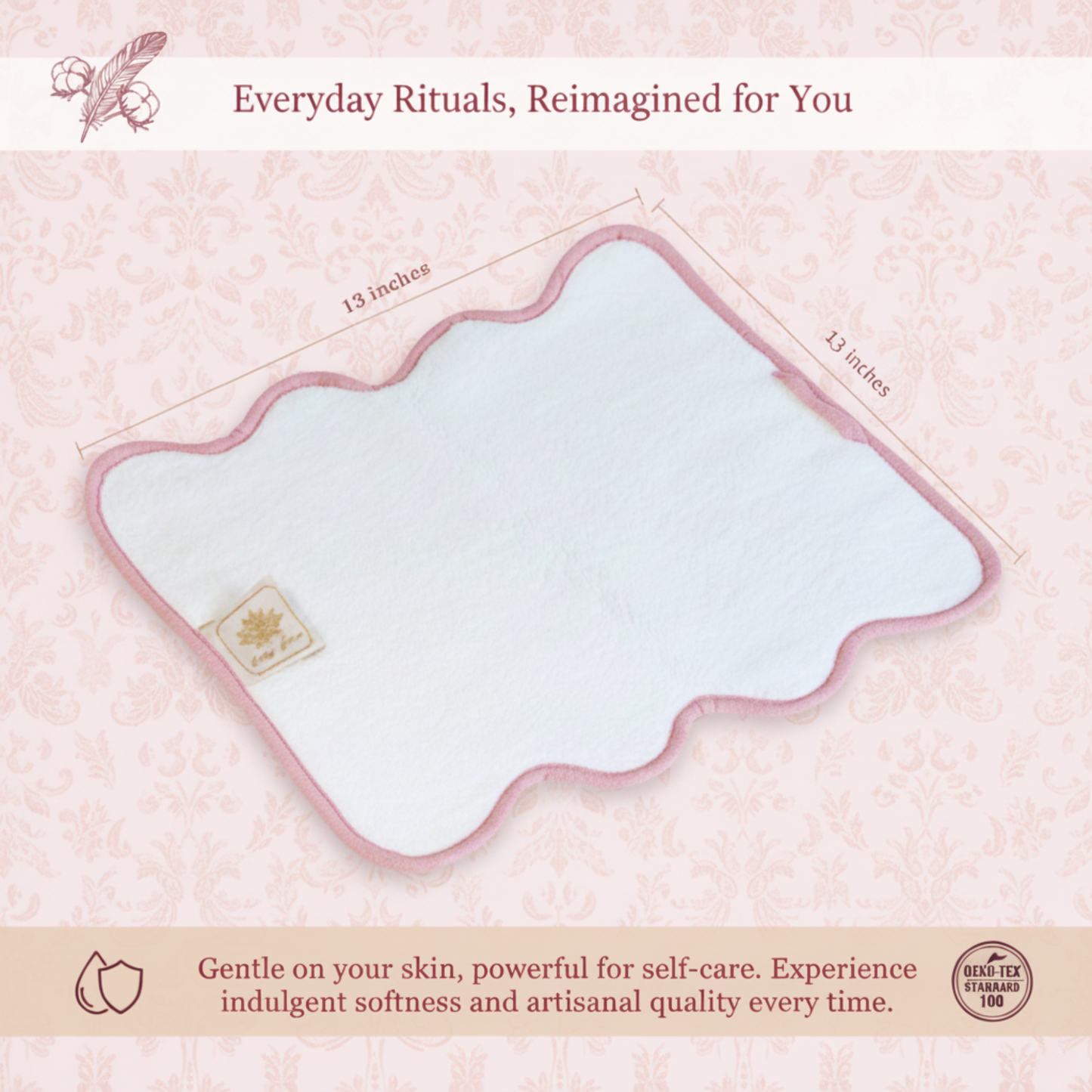 Soft white scallop-edge washcloth with pink piping for gentle self-care and indulgent everyday comfort - Lotus Linen