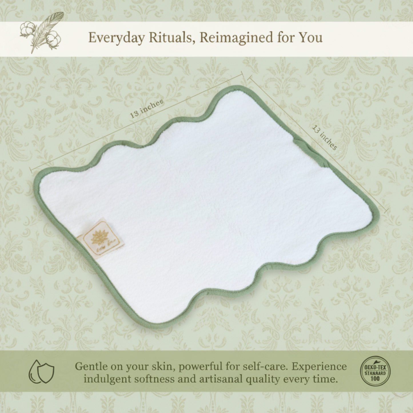 Spa-lovers' scallop-edge washcloth in white with sage piping for gentle, indulgent softness - Lotus Linen