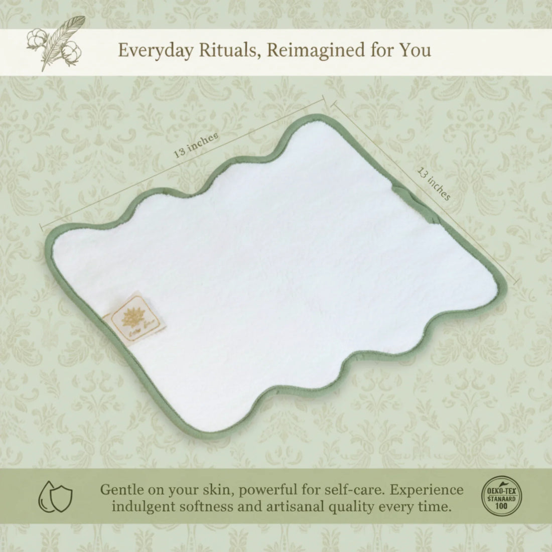 Spa-lovers' luxury cotton washcloth in white with sage scallop piping for indulgent softness - Lotus Linen