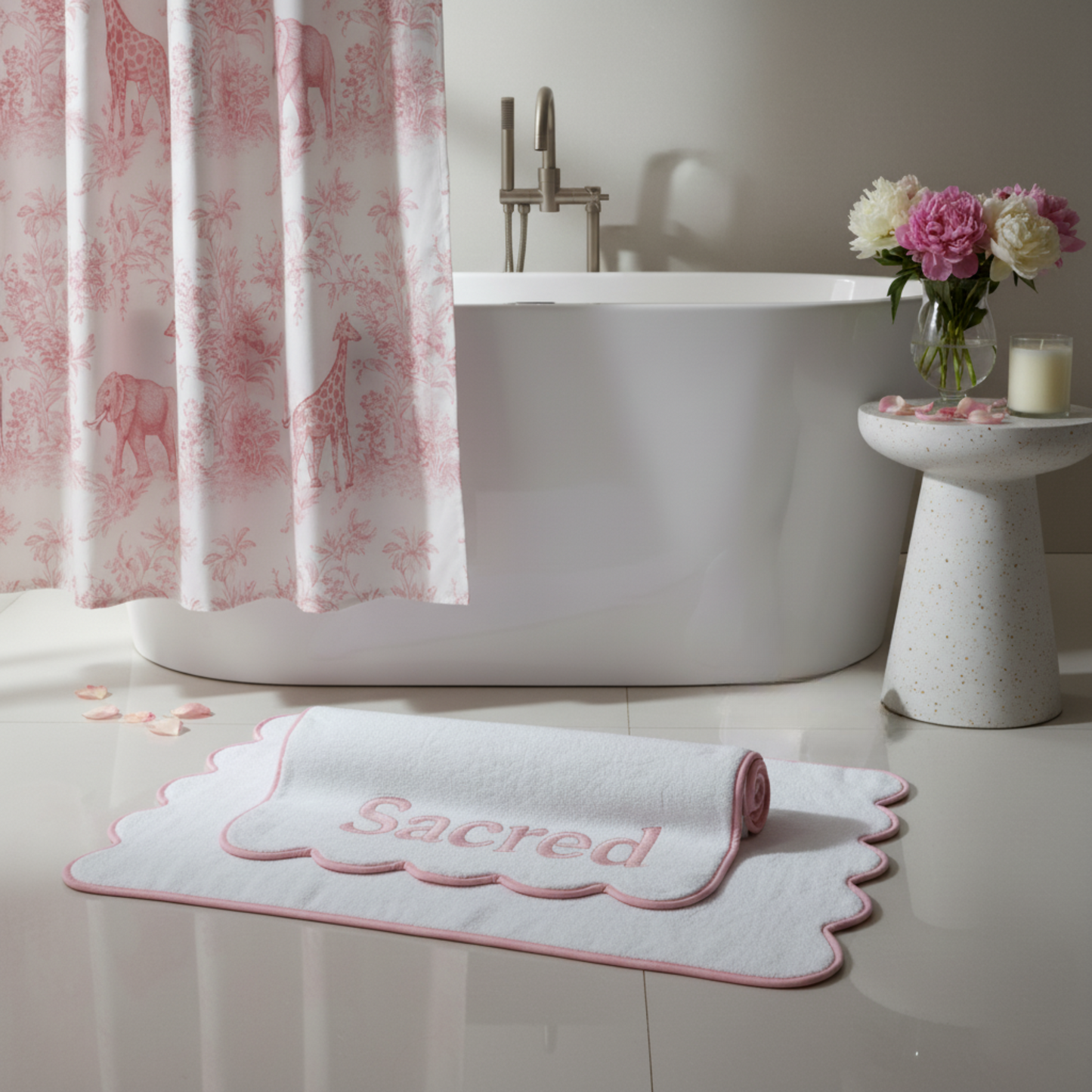 Luxury lovers' oversized scallop-edge bath sheet in white with soft pink piping for indulgent spa-worthy comfort - Lotus Linen