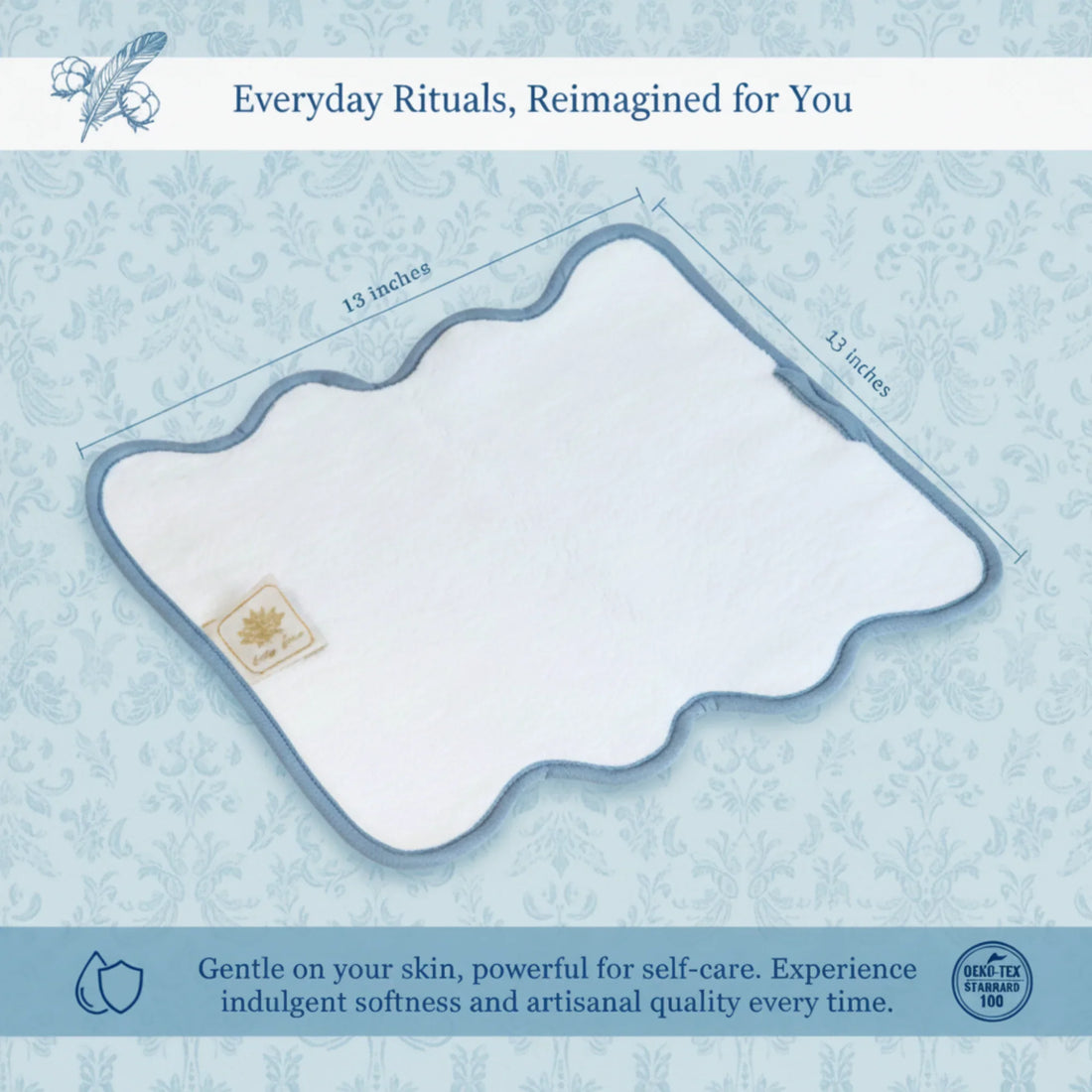 Spa-loving self-care enthusiast's luxury cotton washcloth in white with blue scallop piping for indulgent softness - Lotus Linen
