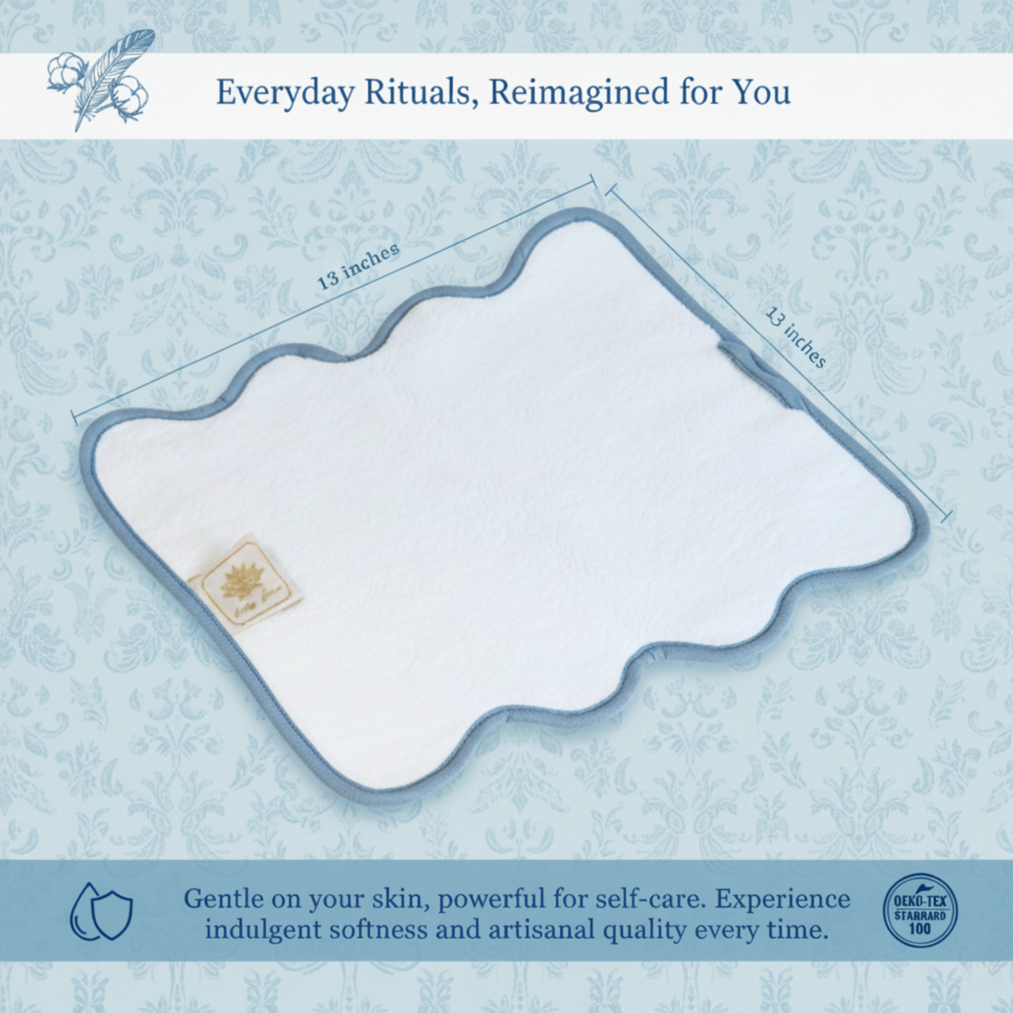 Soft white scallop-edged cotton hand towel with blue piping for indulgent daily self-care rituals - Lotus Linen