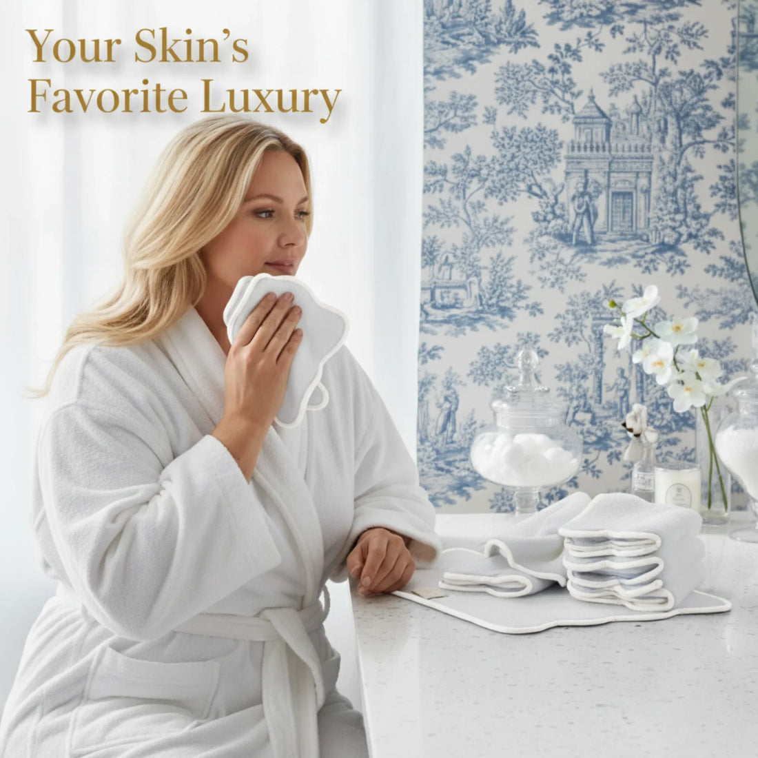 Woman enjoying soft white scallop-piped cotton hand towels for indulgent spa-quality comfort at home - Lotus Linen