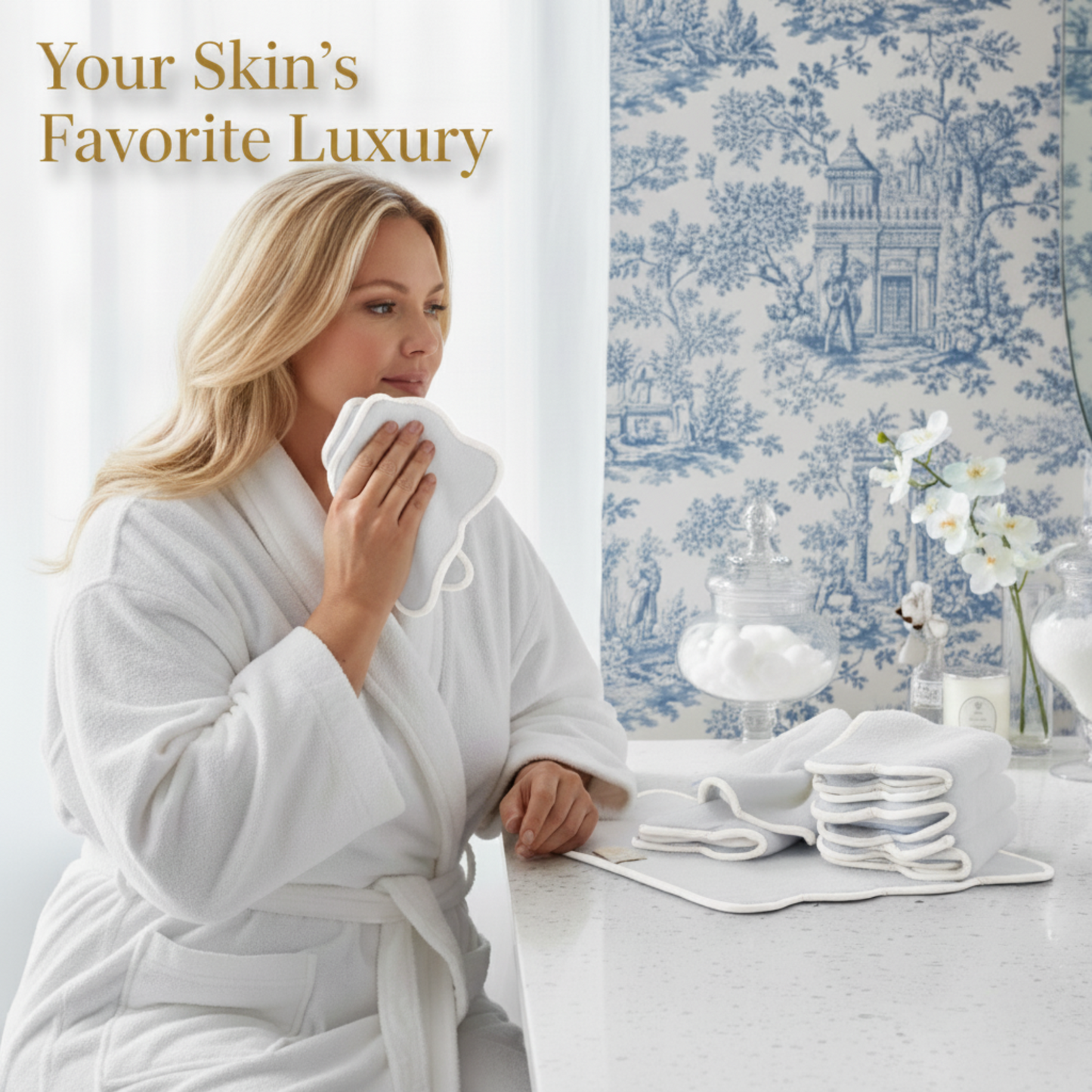 Woman enjoying soft white scallop-piped cotton hand towels for indulgent spa-quality comfort at home - Lotus Linen