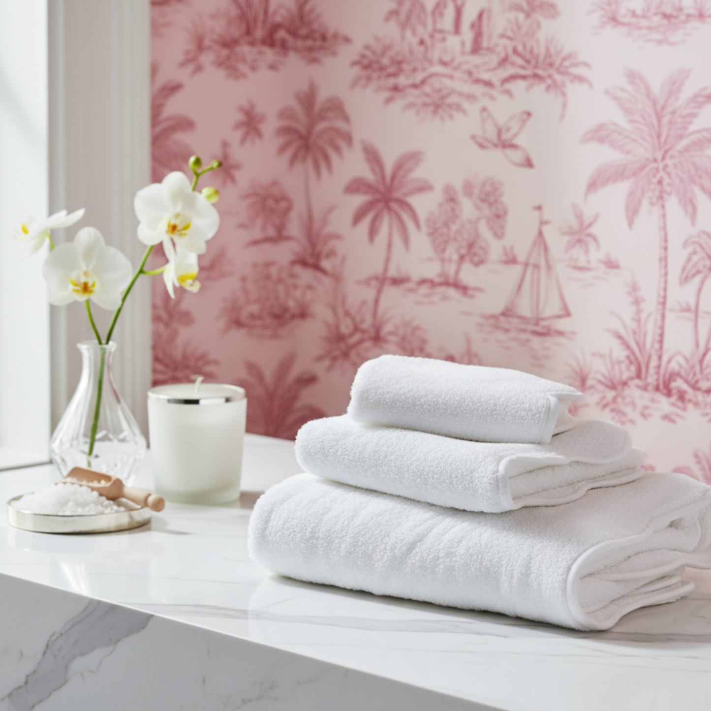 Spa-lovers' luxury cotton hand towels in crisp white with elegant scallop piping for indulgent softness - Lotus Linen