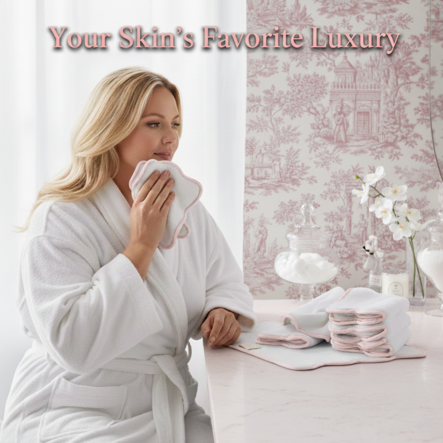 Woman enjoying soft white scallop-edged cotton hand towels with pink piping for spa-quality comfort at home - Lotus Linen