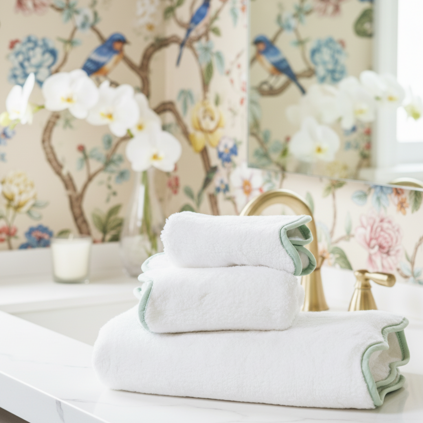 Pamper yourself with white scallop-piped cotton hand towels in a soft sage trim for spa-quality comfort - Lotus Linen