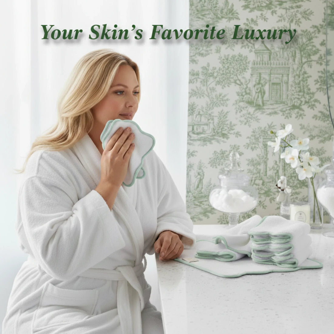 Woman enjoying soft white scallop-edged washcloths with green piping for a pampering spa-quality skincare ritual - Lotus Linen
