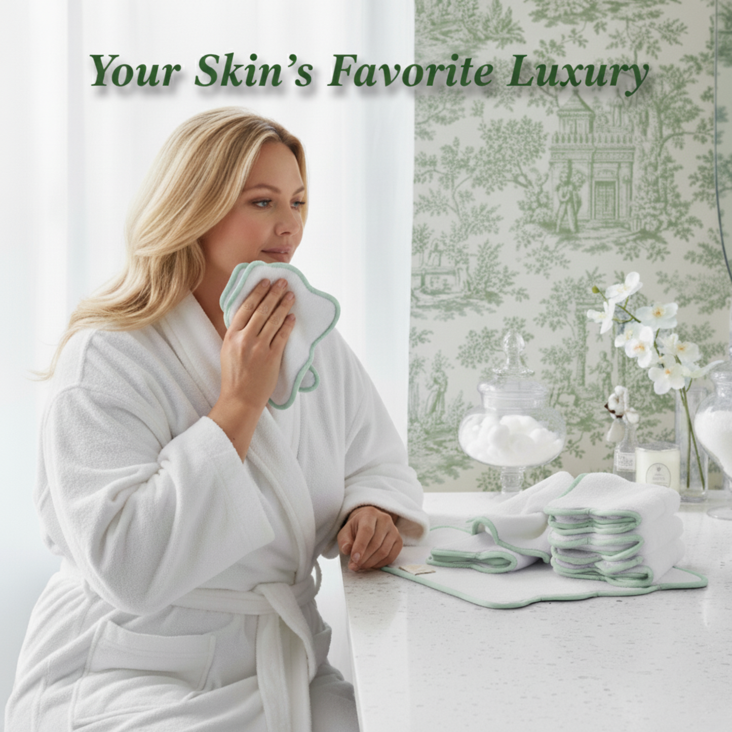 Woman enjoying spa-quality comfort with white scallop-piped 6-piece bath towel set in elegant green trim - Lotus Linen