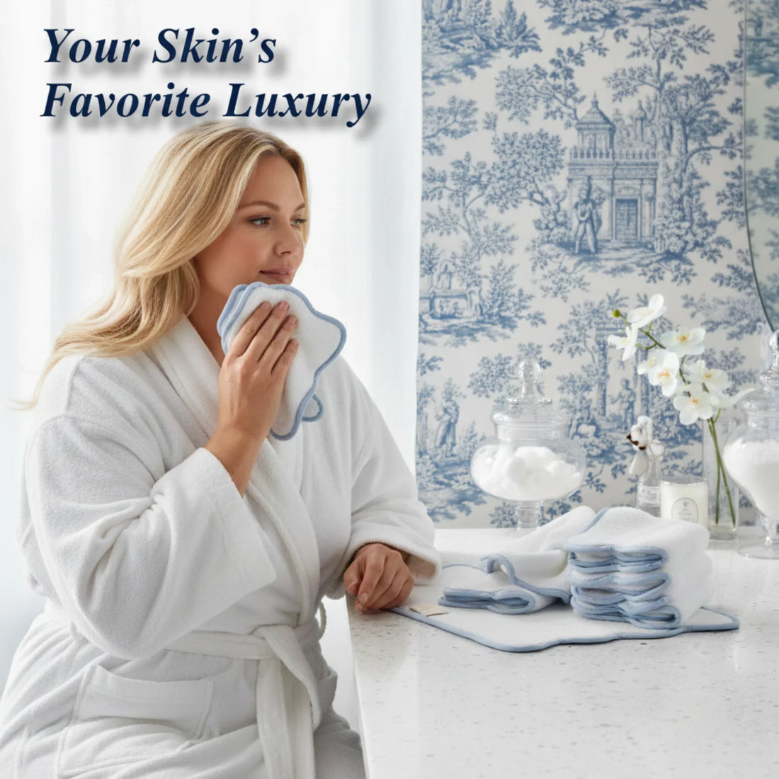 Woman enjoying soft white scallop-piped cotton hand towels with blue trim for spa-quality comfort at home - Lotus Linen