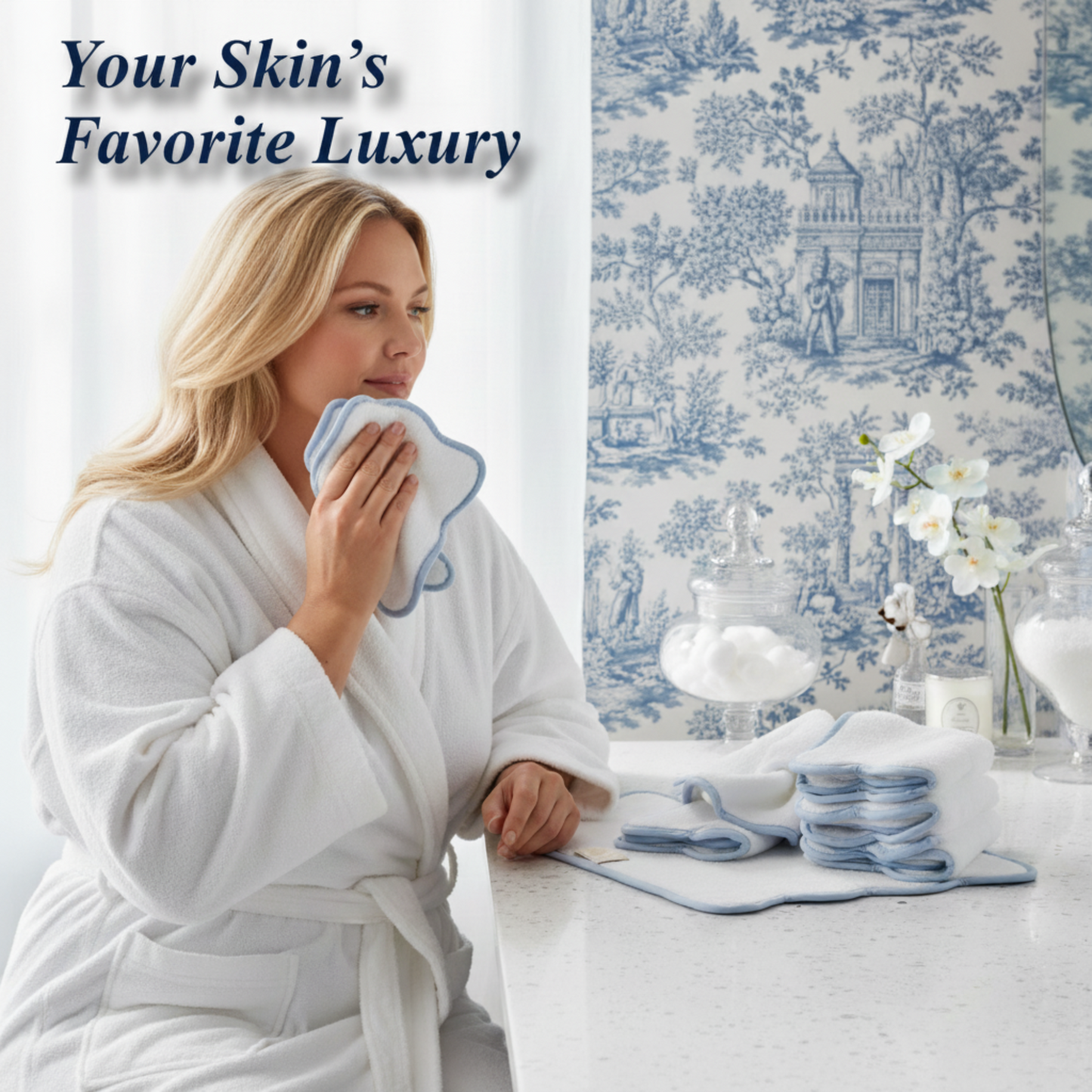 Woman enjoying soft white scallop-edge towel set with blue piping for spa-quality comfort at home - Lotus Linen