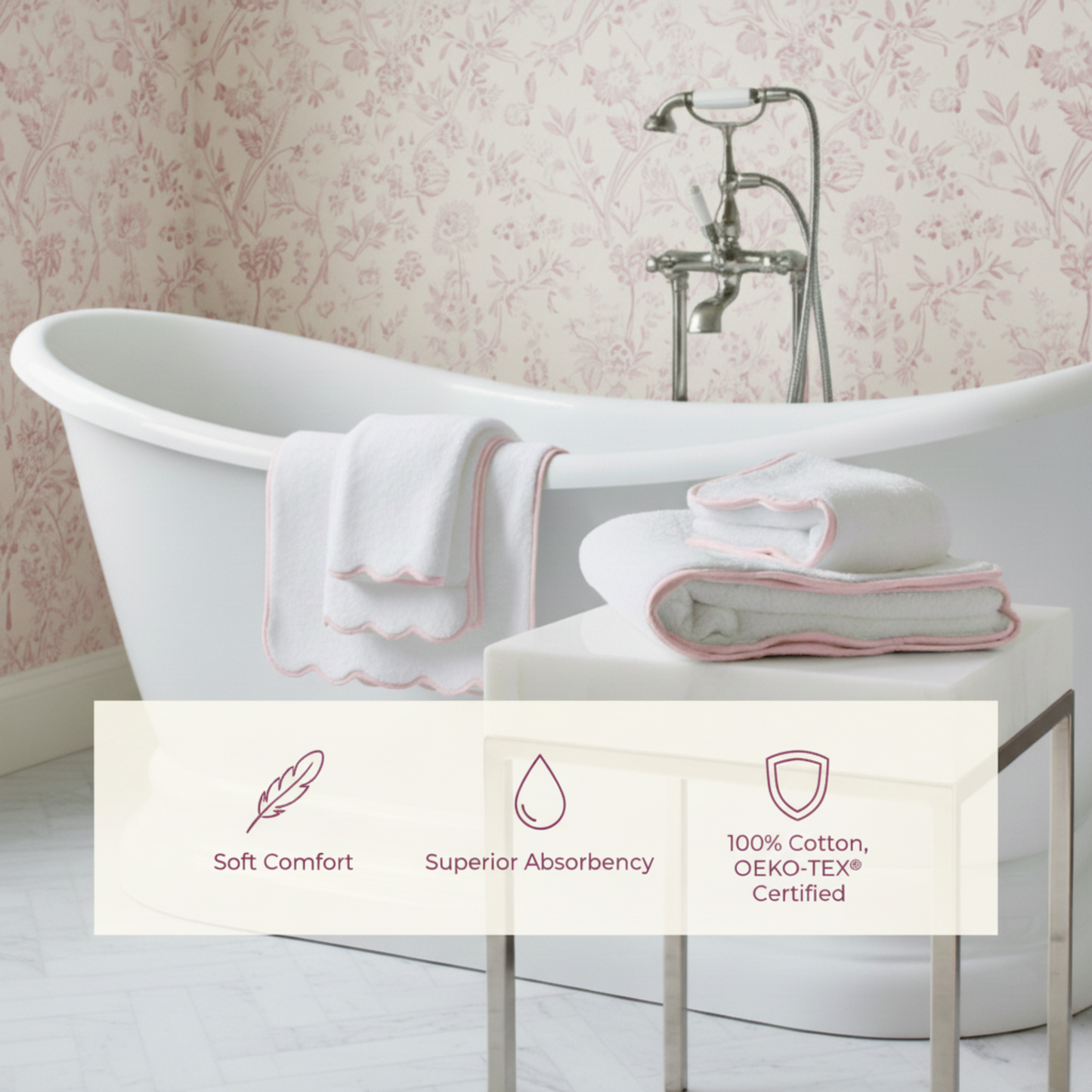 Spa lovers' scallop-piped cotton hand towels in white and blush for indulgent softness after every bath - Lotus Linen