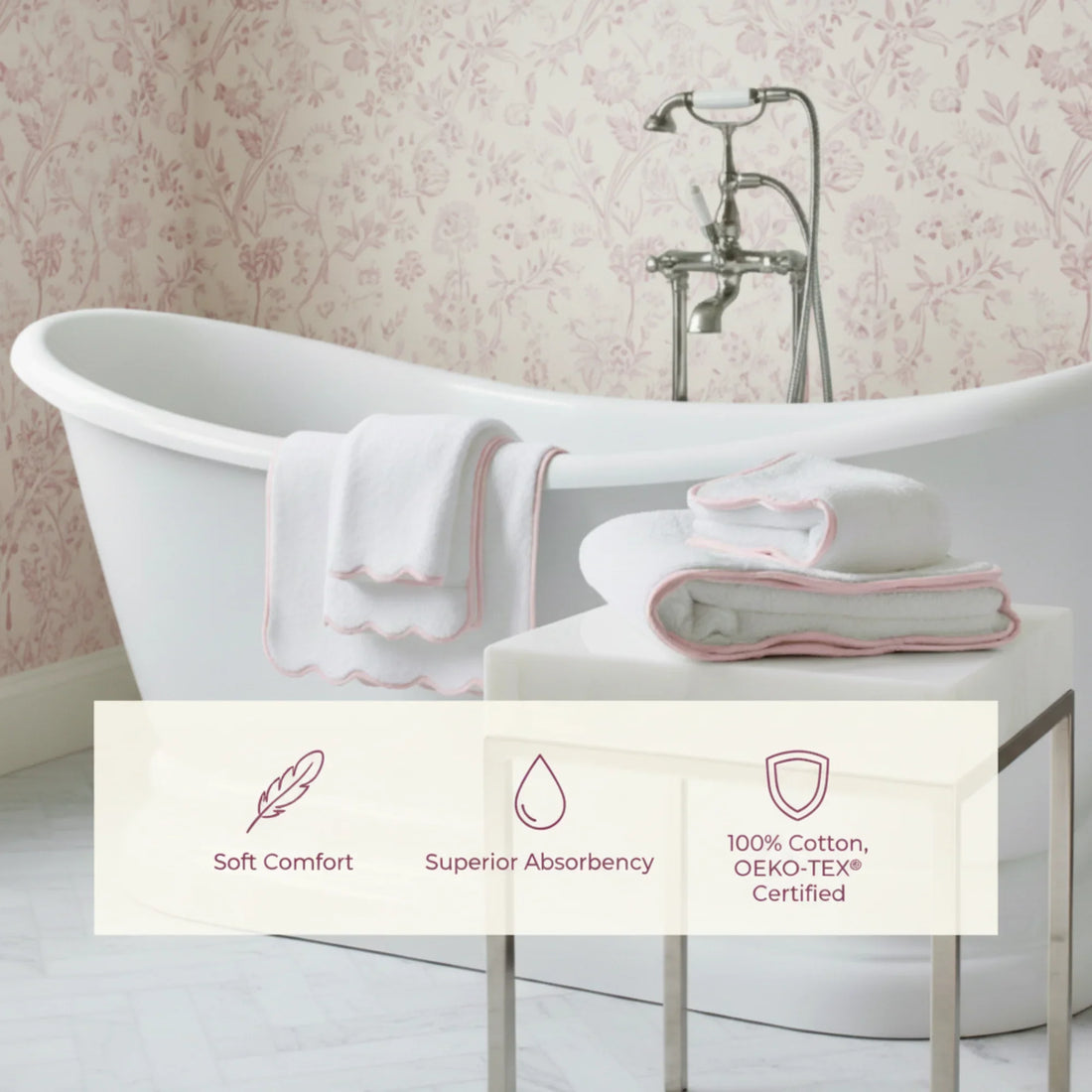 White scallop-edge bath towel set with pink piping for home spa lovers offering plush softness and elegant style - Lotus Linen