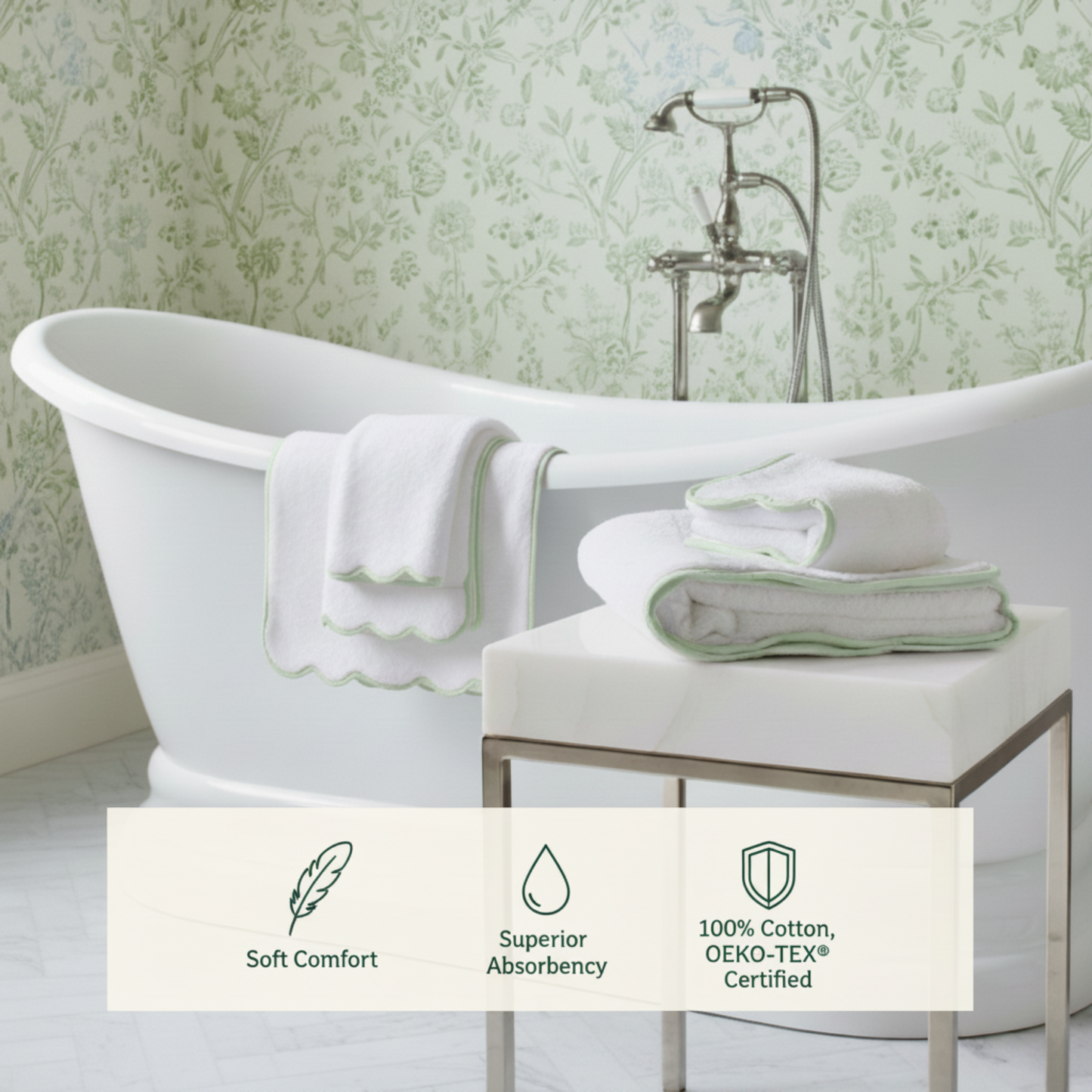 Spa-lovers' scallop-piped cotton hand towels in white with sage trim for indulgent softness - Lotus Linen
