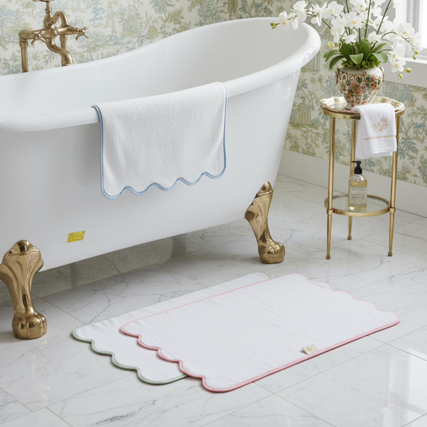 Elegant white scallop-piped bath towels and mats in soft pastels for spa-quality comfort at home - Lotus Linen