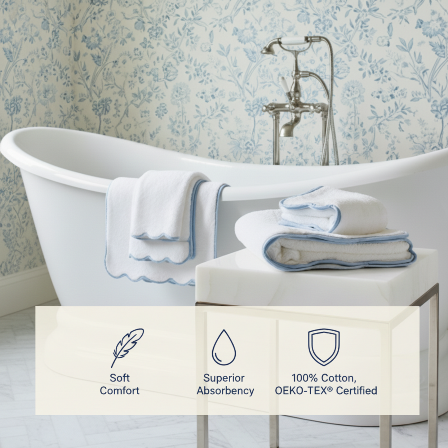 Spa lovers' luxury cotton hand towels with blue scallop piping for plush, cloud-soft comfort - Lotus Linen