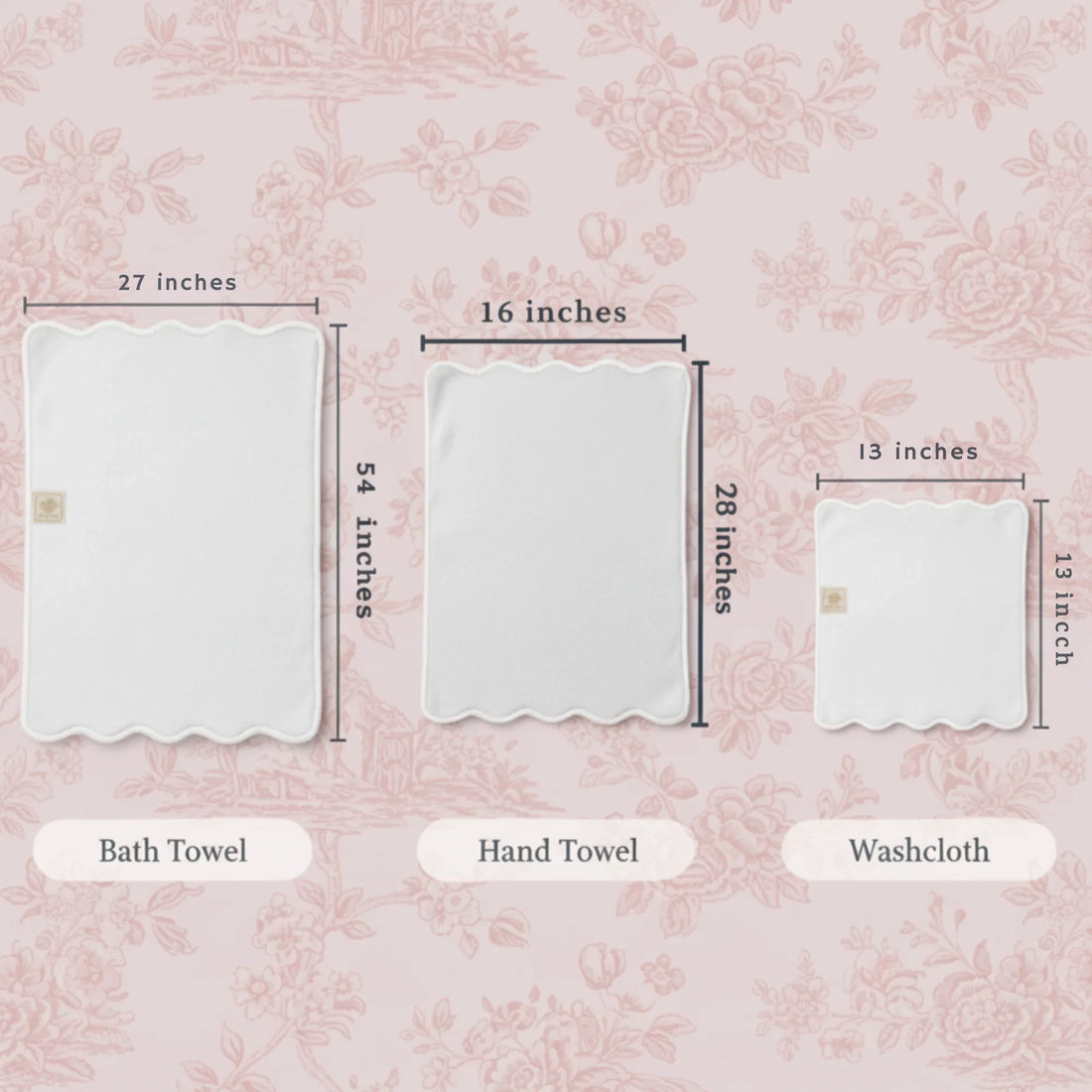 Spa-loving women's scallop-piped white cotton towel set in three luxurious sizes for everyday indulgence - Lotus Linen