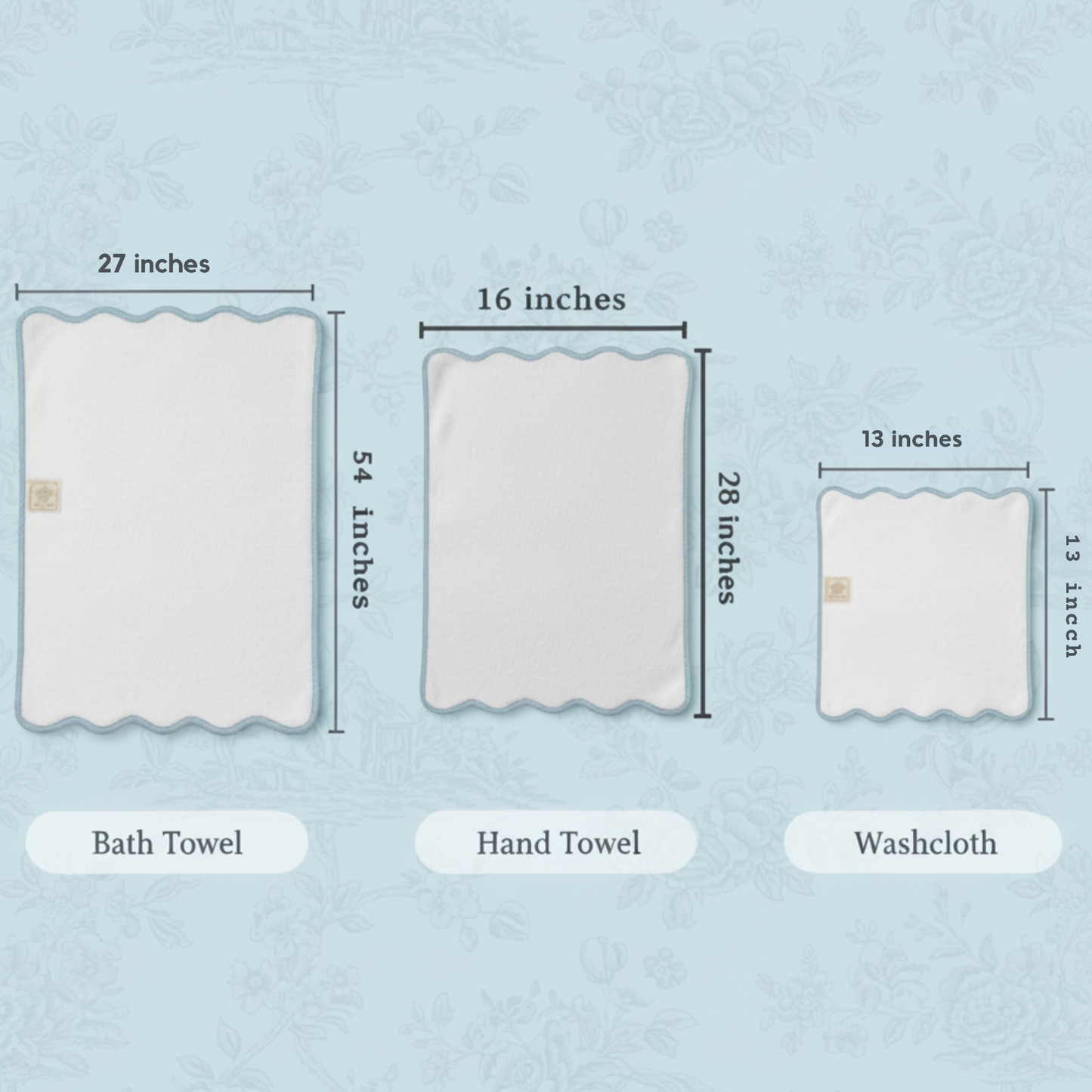 Elegant 6-piece scallop piping bath towel set in white with blue trim showing bath towel, hand towel, and washcloth sizes for spa-worthy softness - Lotus Linen