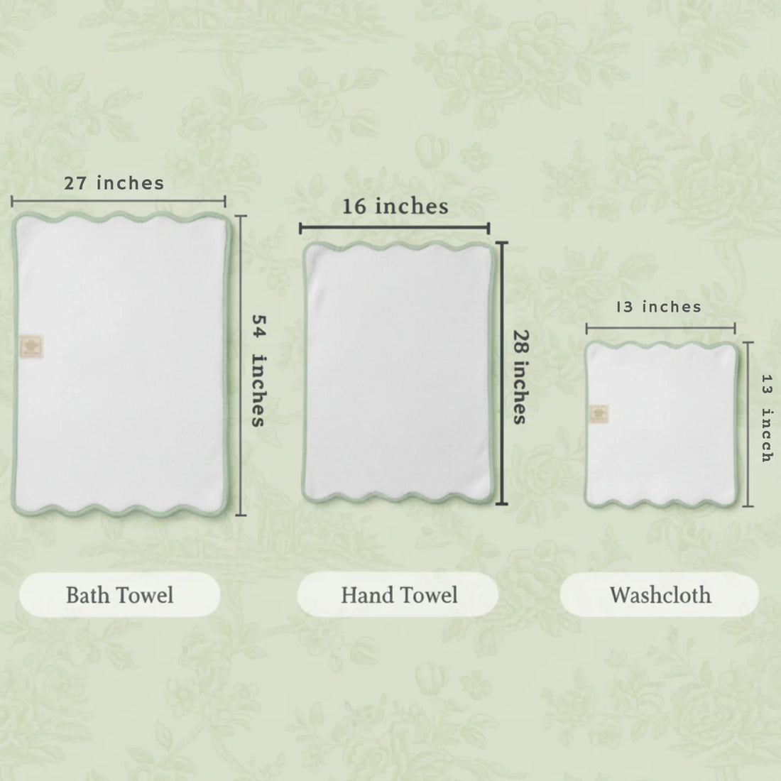 Spa-loving women's scallop-piped cotton towel set in white with sage green trim for elegant bath comfort - Lotus Linen