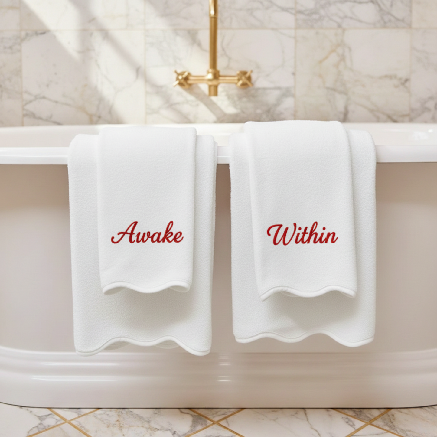 Spa lovers' oversized scallop-edge bath sheets in crisp white with red embroidery for indulgent softness - Lotus Linen