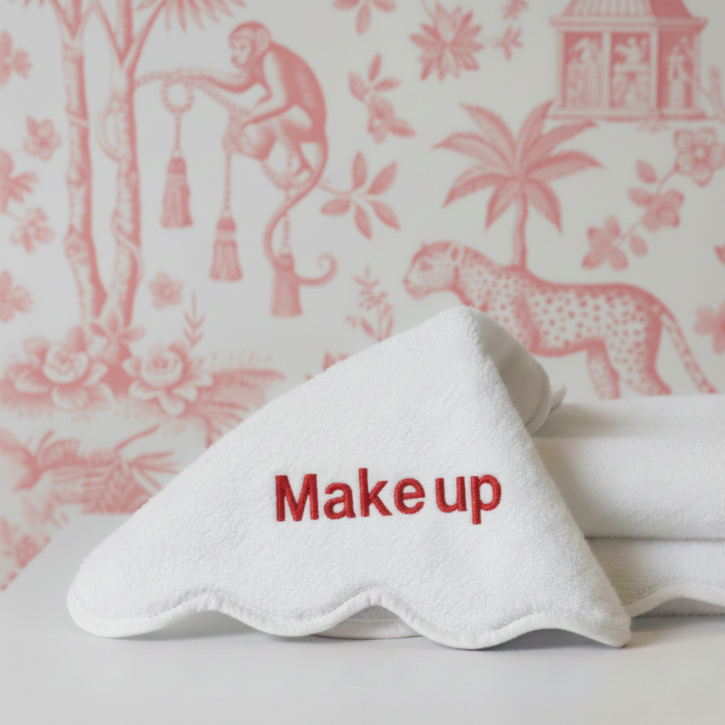 Makeup lovers' white scallop-edged cotton hand towel with red embroidery for effortless spa-quality comfort - Lotus Linen