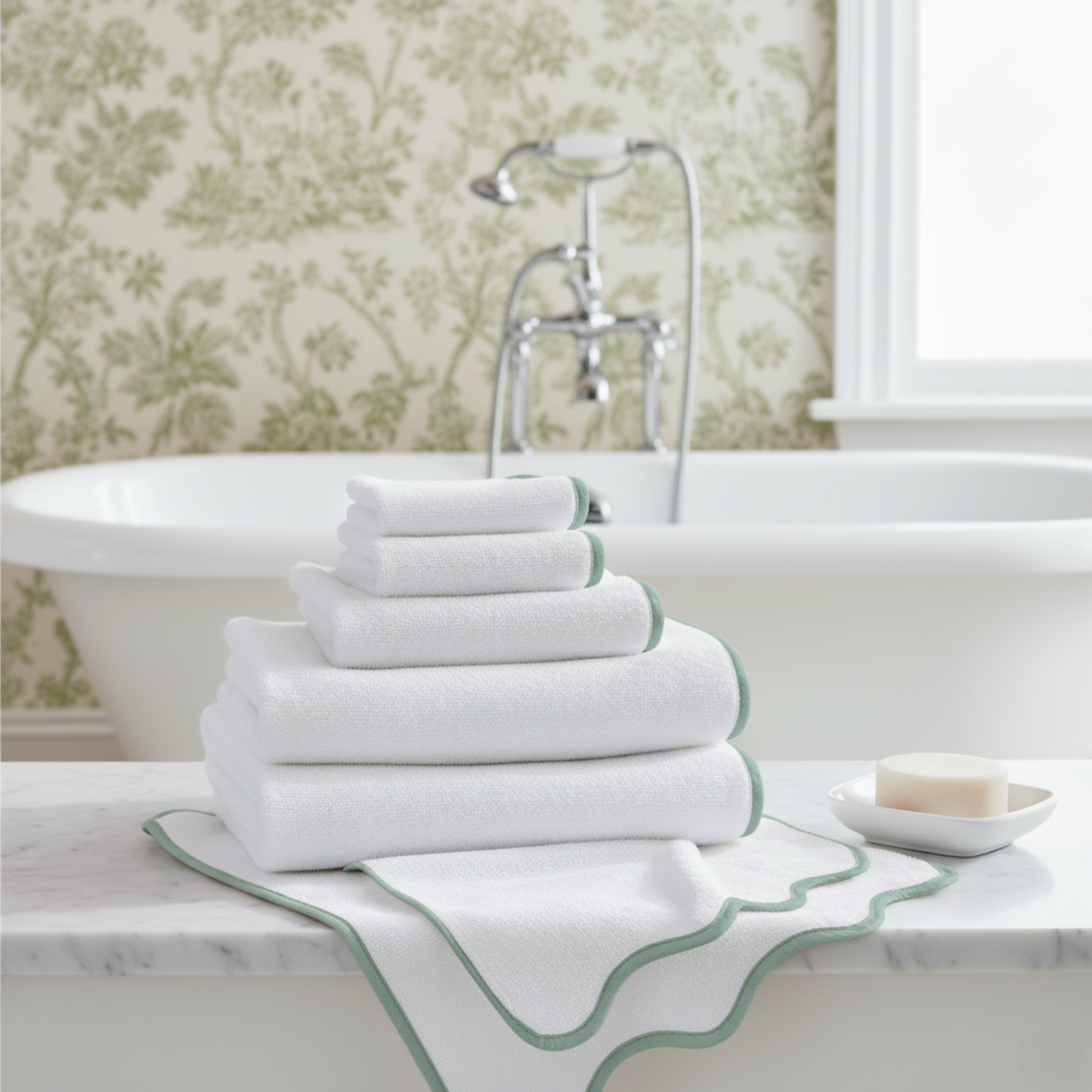 Elegant 6-piece white bath towel set with sage scallop piping for spa-quality comfort at home - Lotus Linen