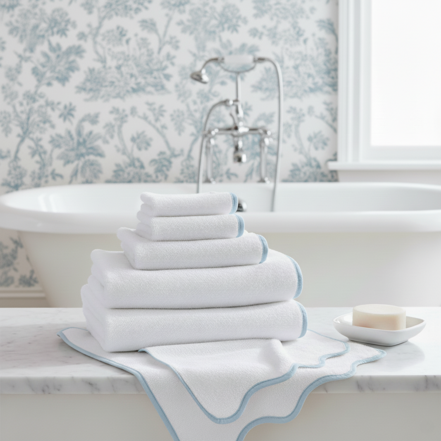 Spa-loving homeowners' luxury cotton hand towels in white with blue scallop piping for everyday indulgence - Lotus Linen