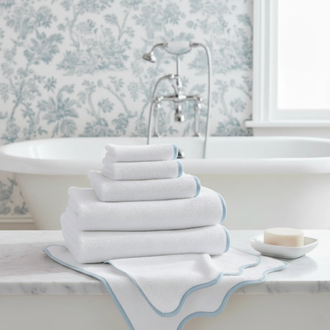 Spa-lovers' luxury cotton washcloths in white with blue scallop piping stacked for effortless elegance - Lotus Linen